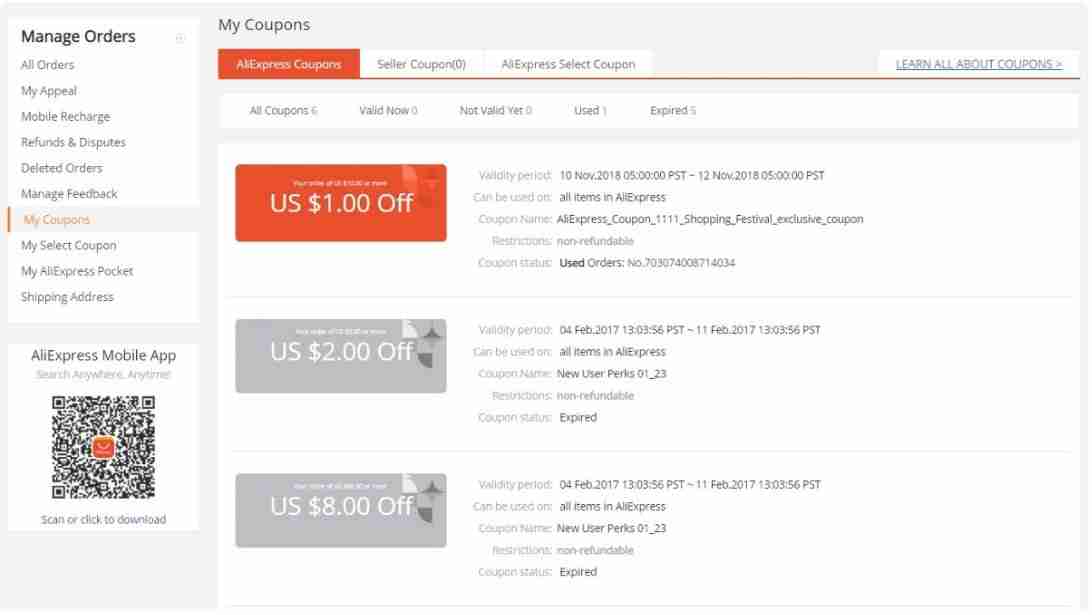 Aliexpress Coupons on My Coupon Page