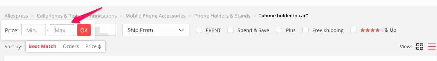 Price filter on AliExpress